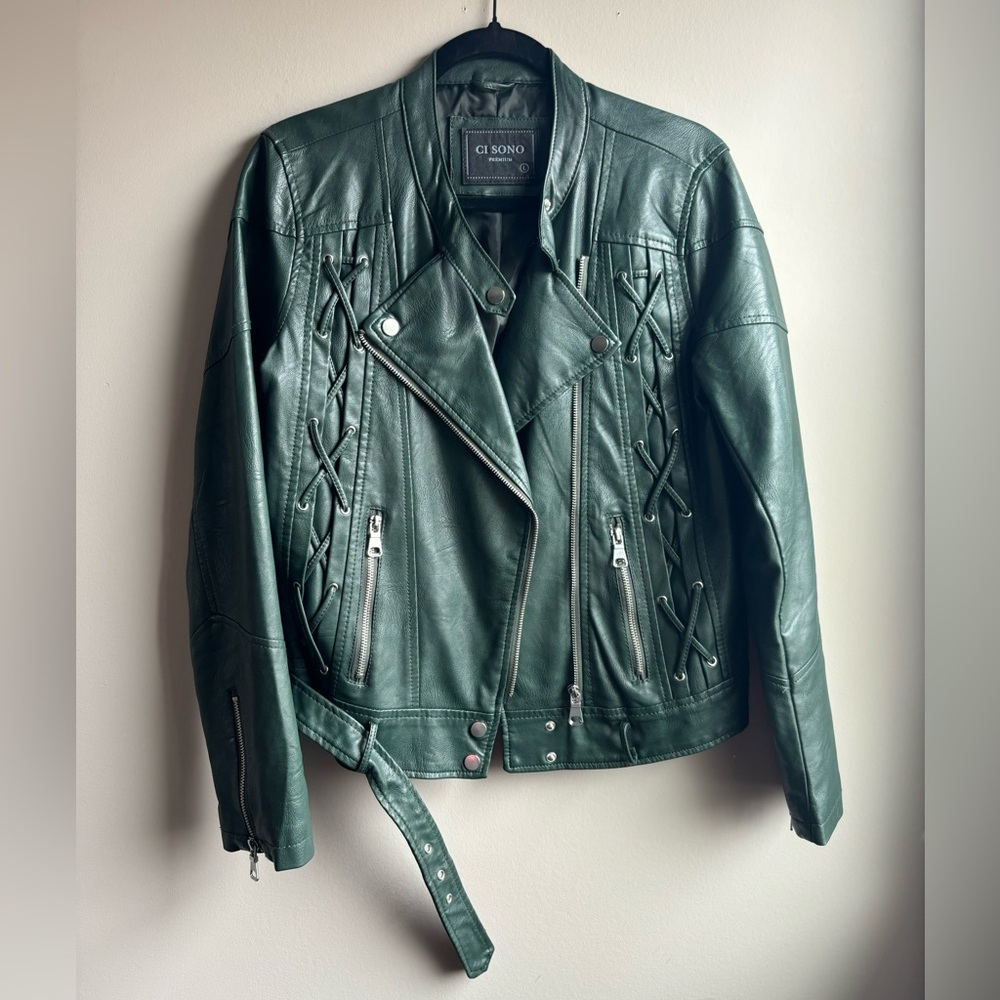 Ci Sono by Cavalini Emerald Green Faux Leather Jacket for Women